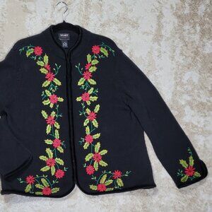 Vintage Women Chunky Knit Embroidered Zip Jacket Size 2X Christmas Poinsettia
